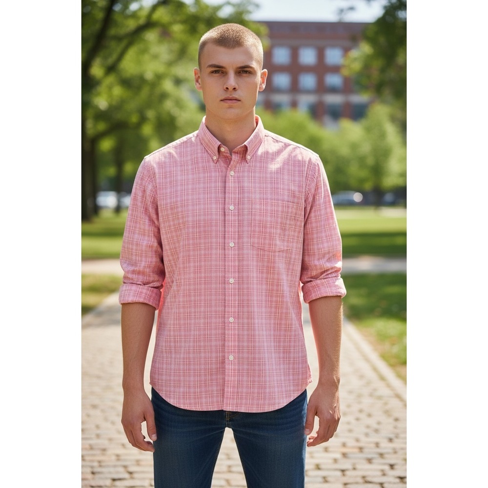 Gold Label Roundtree & Yorke Non-Iron Pink Plaid Shirt Preppy Business Casual L